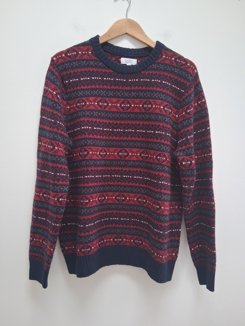 Fair Isle Classic Red Navy Geometric Nordic Knit Crewneck Sweater Size  Large